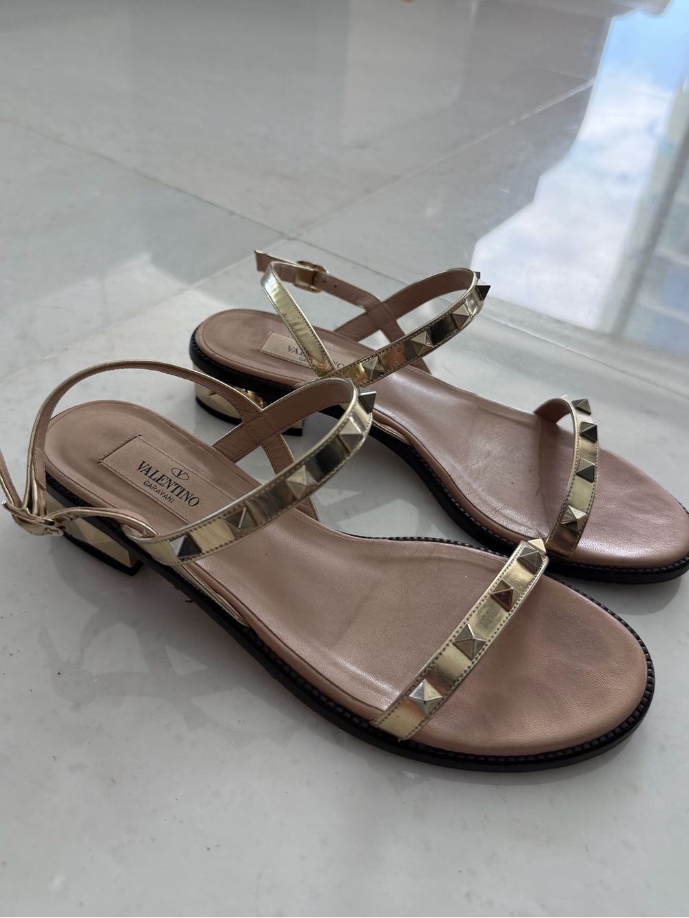 Valentino Gold Rockstud Leather Ankle Strap Sandals